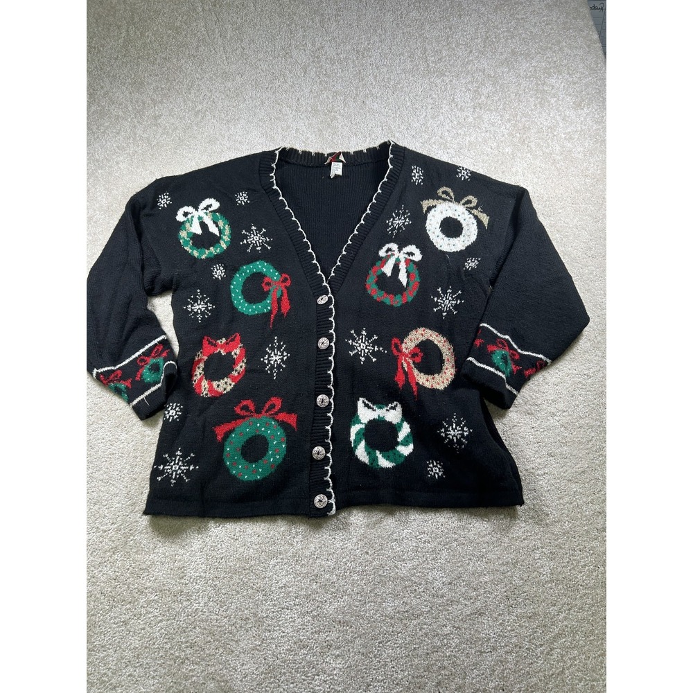 Vintage Nutcracker Sweater Womens Large Christmas‎ Wreath Snowflake 90s Acrylic